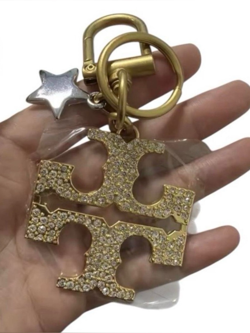 Tory Burch Gold Crystal Double-T Logo Key & Card Holder Charm